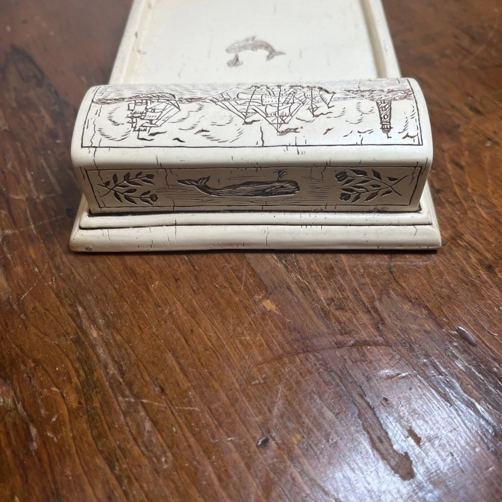 Vtg Sea Sail Boat Lighthouse Sperm Whale Faux Scrimshaw Notepad Holder Post-it